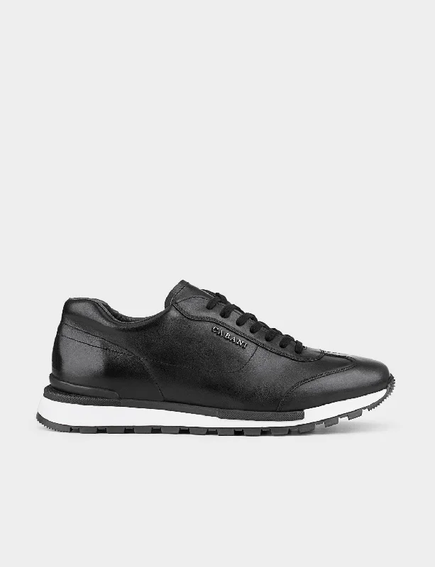 Men Black Genuine Leather Lace Up Front Sneakers