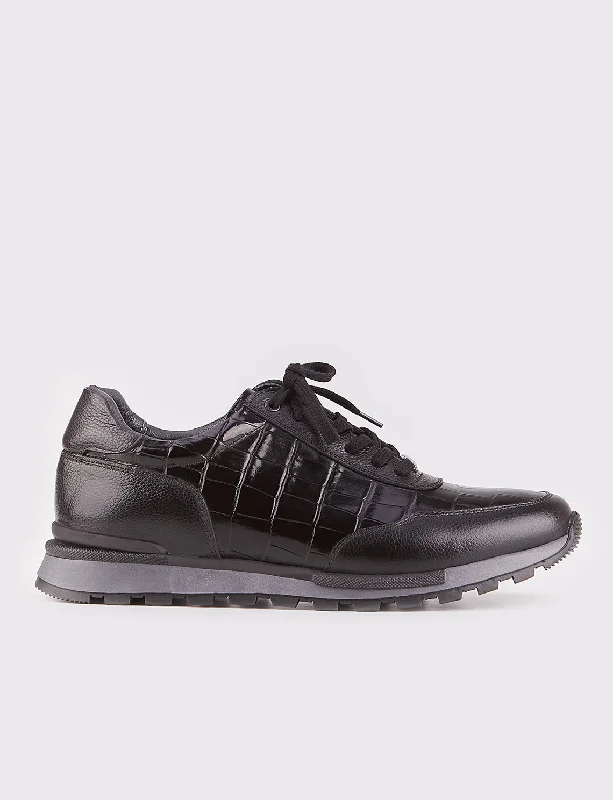 Men Black Genuine Leather Lace Up Sneakers