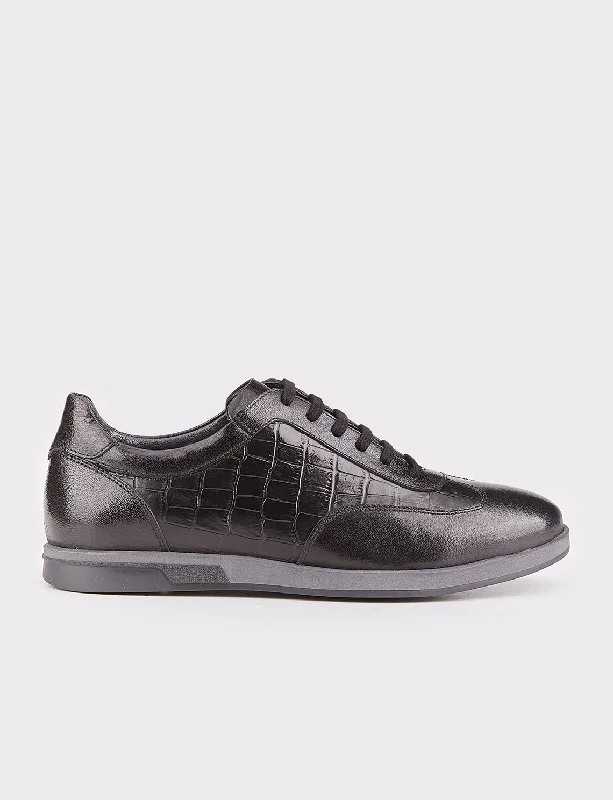 Men Black Genuine Leather Lace Up Sneakers