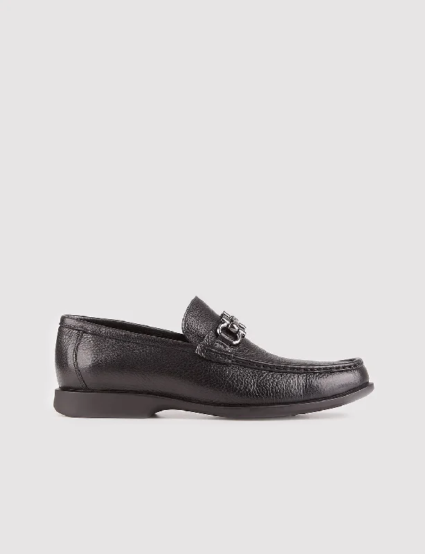 Men Black Genuine Leather Metal Decor Loafers