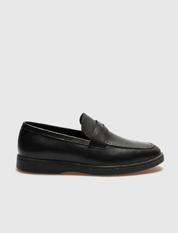 Men Black Genuine Leather Slip On Casual Shoes