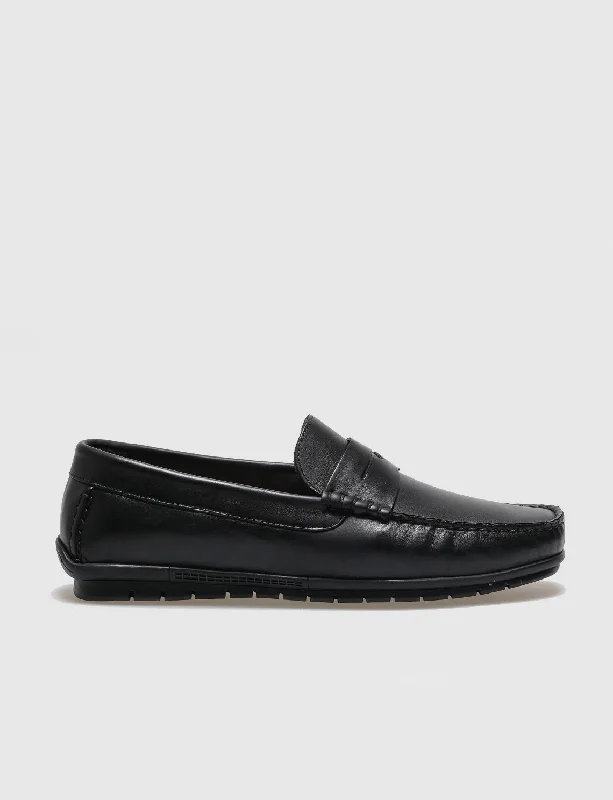 Men Black Genuine Leather Slip On Shoes