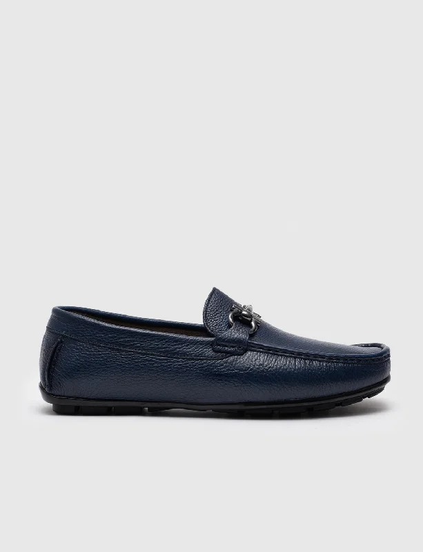 Men Blue Genuine Leather Moc Toe Bit Loafers