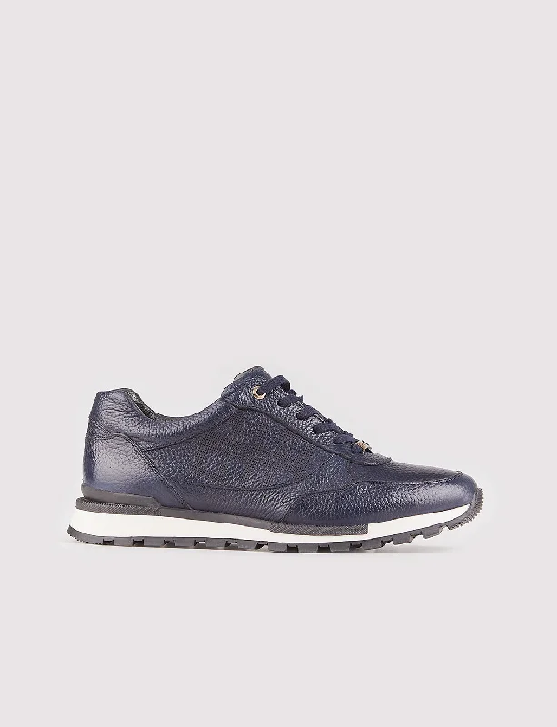 Men Navy Blue Genuine Leather Lace Up Casual Shoes