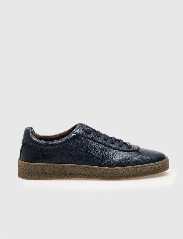 Men Navy Blue Genuine Leather Lace Up Front Sneakers