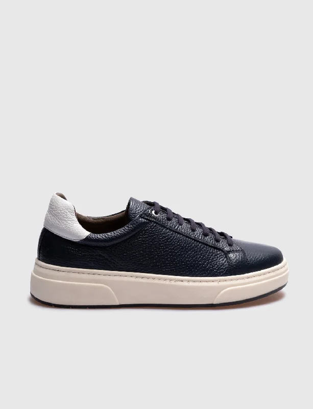 Men Navy Blue Genuine Leather Lace Up Sneakers