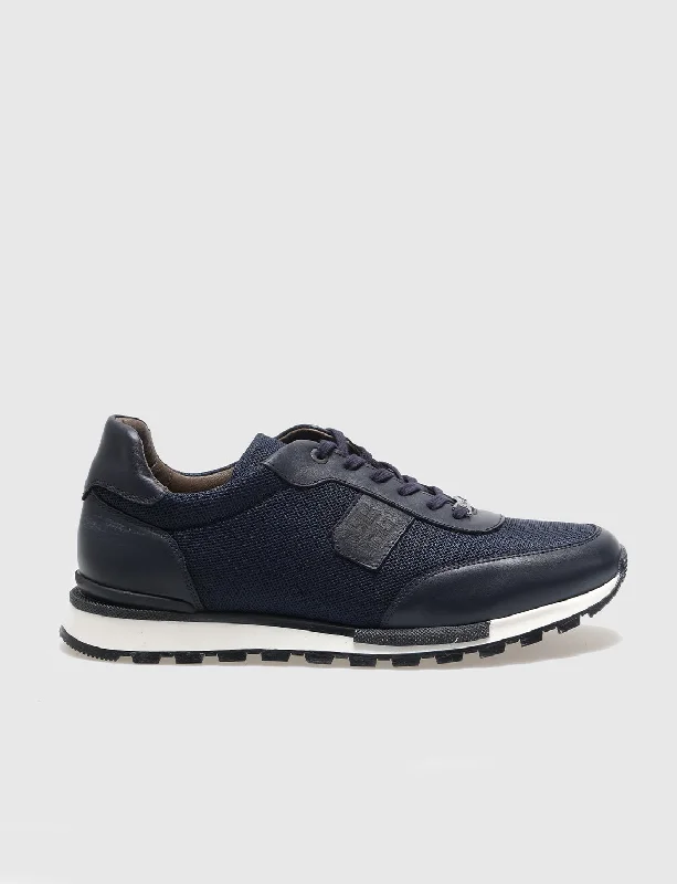 Men Navy Blue Genuine Leather Lace Up Sneakers