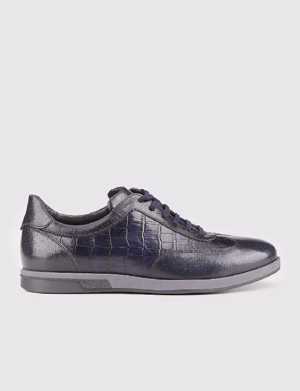 Men Navy Blue Genuine Leather Lace Up Sneakers