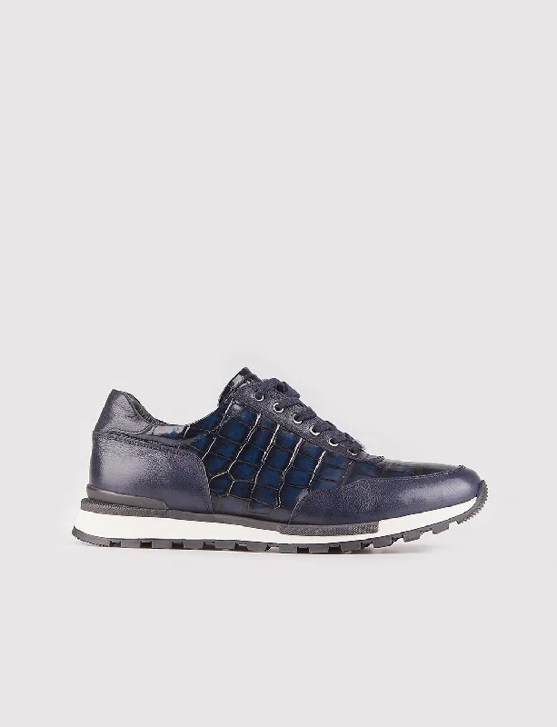 Men Navy Blue Genuine Leather Lace Up Sneakers