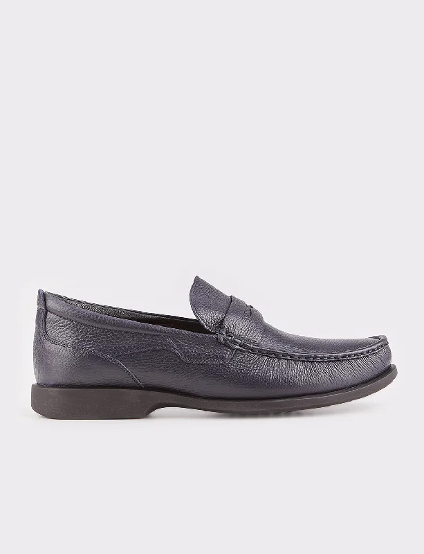 Men Navy Blue Genuine Leather Slip On Penny Loafers