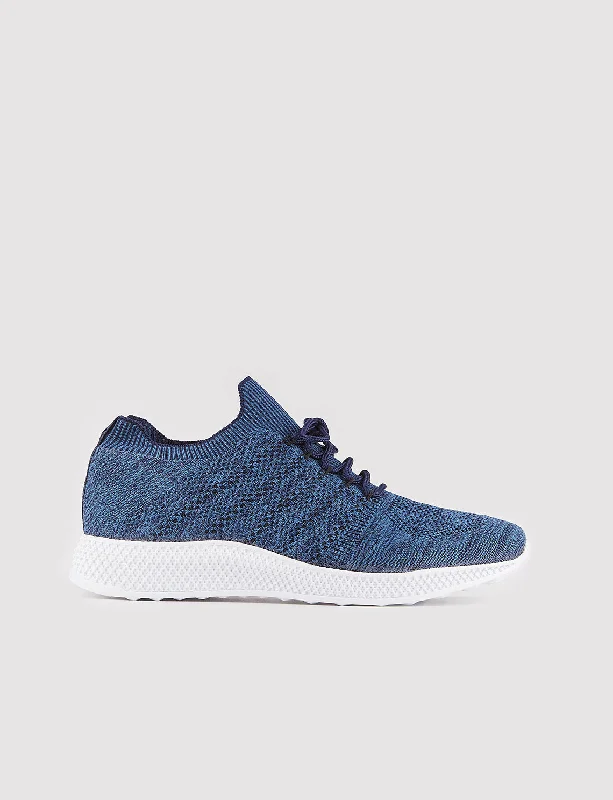 Men Navy Blue Knit Lace Up Sneakers