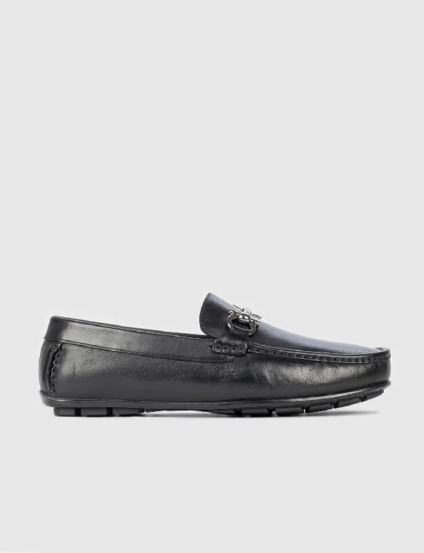 Men Black Genuine Leather Moc Toe Bit Loafers