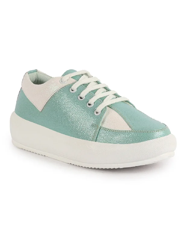 Women Pista Green Lightweight Height Enhancer Chunky Lace-Up Sneakers|Memory Cushion Insole|Evening Party Shoe