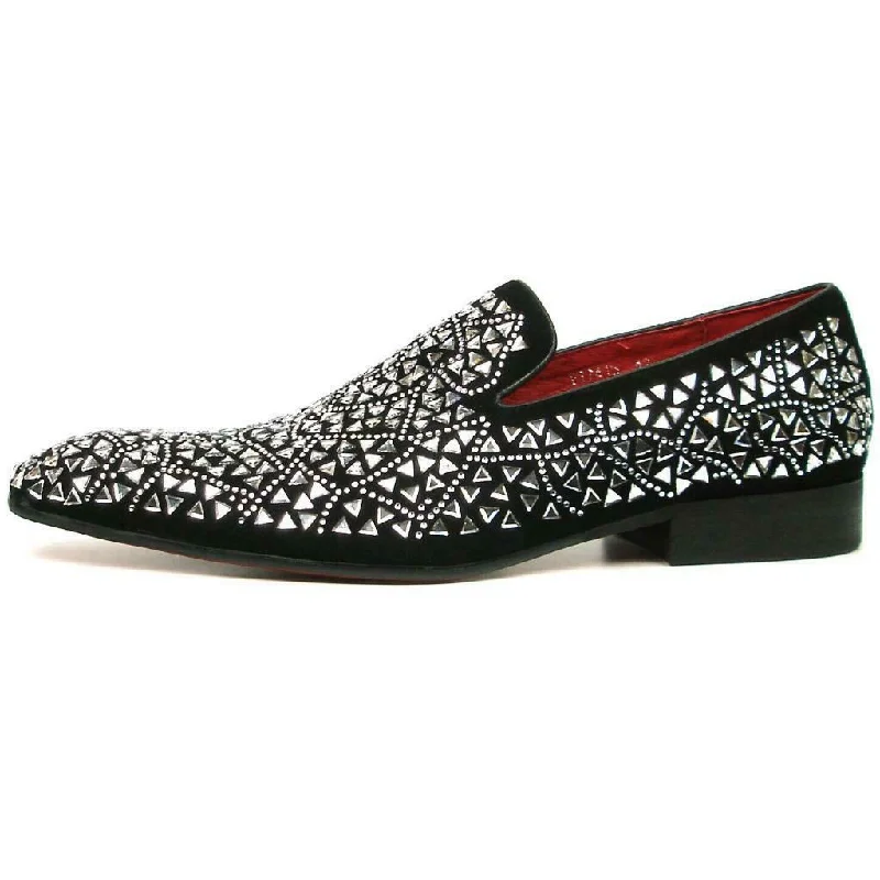 Fiesso Black Suede Silver Rhinestones Formal Entertainer Slip on Shoes FI 7415