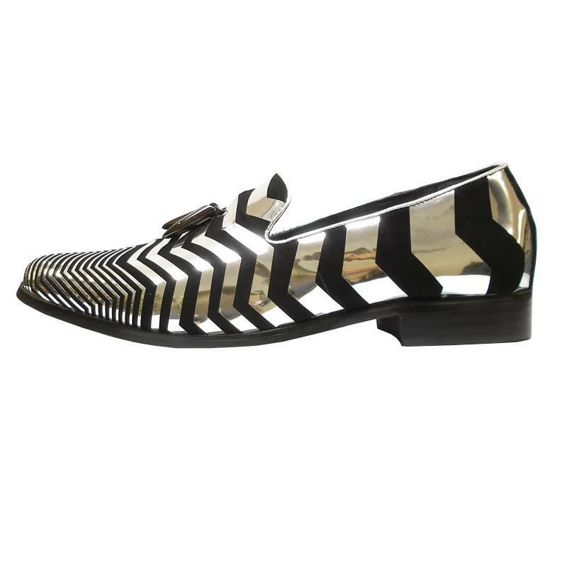 Men's Fiesso Silver Black Suede Foil Zig Zag Design Slip On Shoes FI 6945